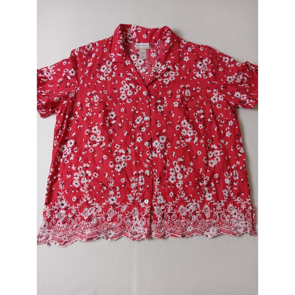 Alfred Dunner Woman Red Floral Eyelet Embroidered Button Down Shirt 1X Cotton